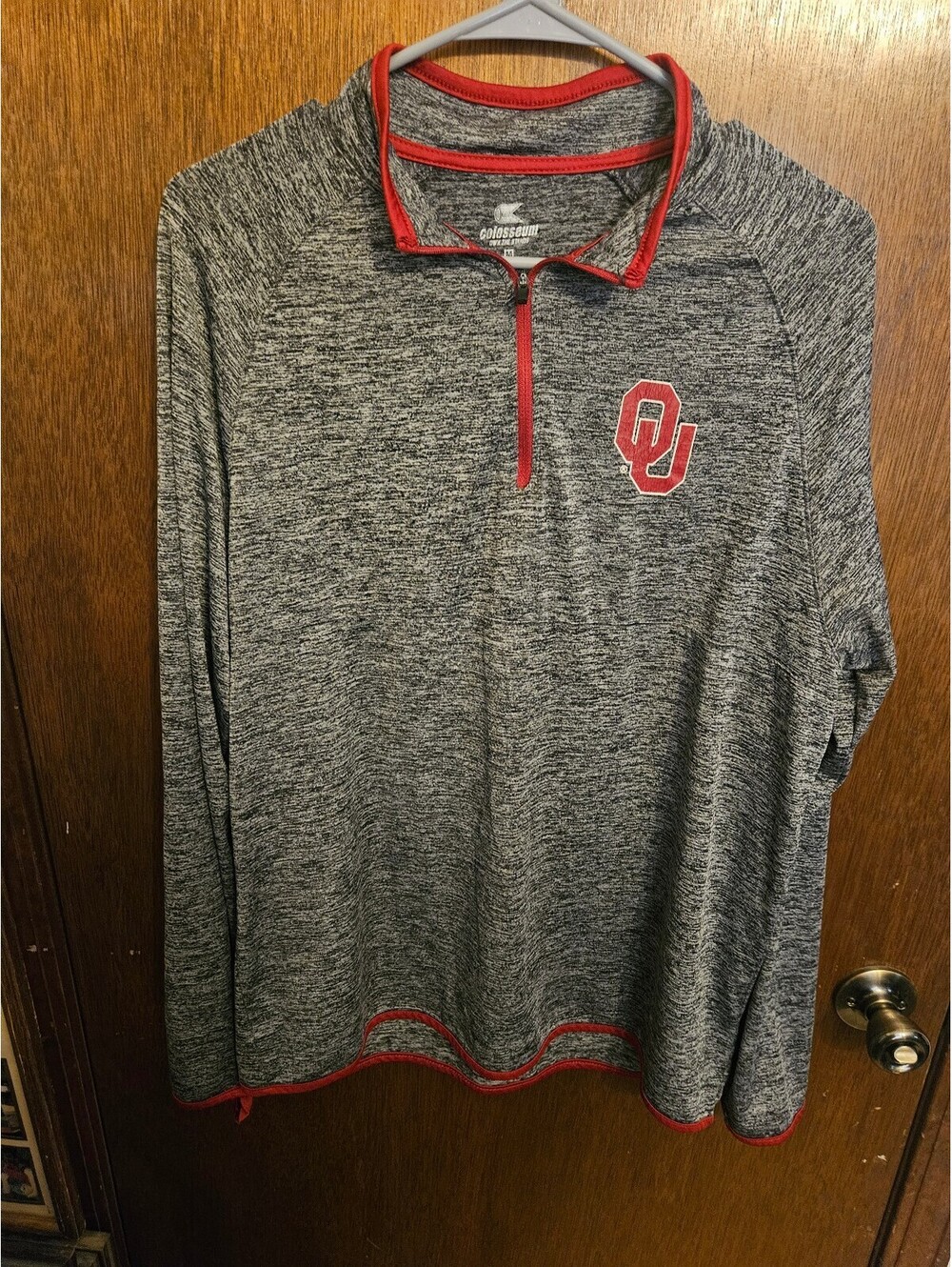 Oklahoma Sooners Gray Heathered Quarter-Zip Pullover with Red Trim, Size Large
